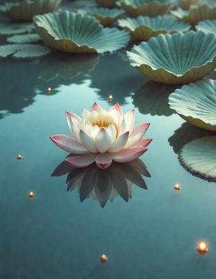 The primary subject of the image is a white flower, likely a lotus, floating on top of a body of water. The setting is a serene pond with lily pads surrounding the flower. The visual style is a combination of a photo and digital art, creating a beautiful and realistic representation of the flower. The colors and mood of the image are predominantly blue and calm, reflecting the tranquility of the scene.